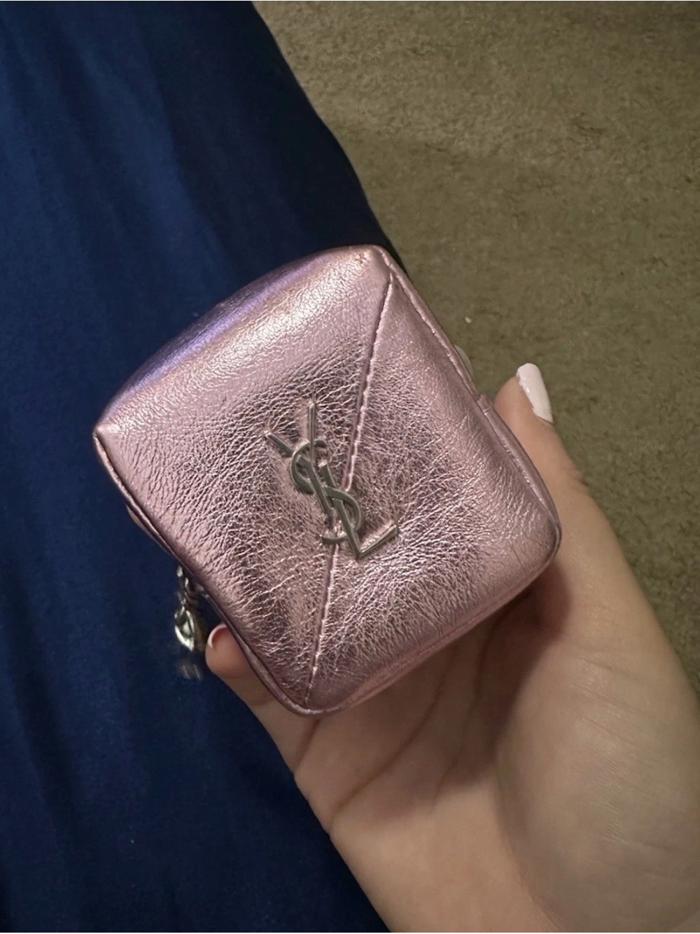 Saint Laurent YSL Jamie Cube Charm Pouch In Lamé Leather Metallic Pink - Picture 8 of 10